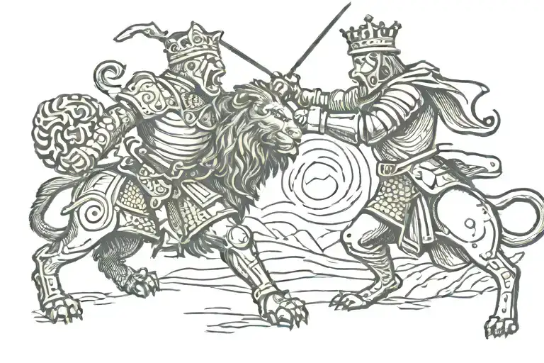 a knight fighting a lion wearing a crown tattoo design idea