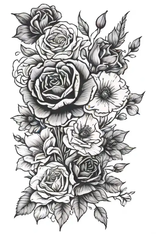 rose marigold cosmos daisy poppy gladiolus tattoo design idea