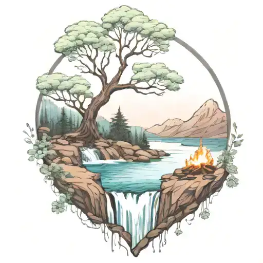 A River With A campfire and a rowan tree on either side of It Waterfalls Down The Front tattoo design idea