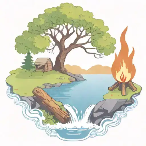 a rowan berry tree and a campfire beside a river waterfalling down the front tattoo design idea