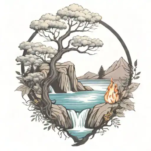 A River With A campfire and rowan tree on either side of It Waterfalls Down The Front tattoo design idea
