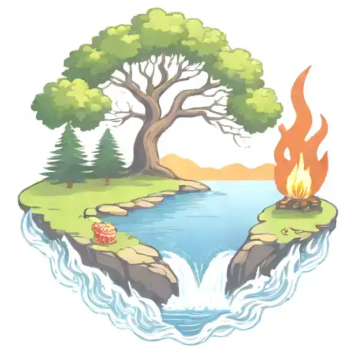 a rowan berry tree and a campfire beside a river waterfalling down the front tattoo design idea
