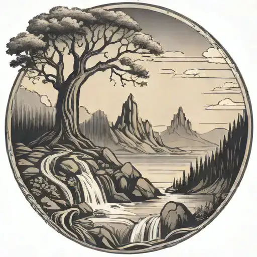 a river winds through rounded mountain knobs, past a campfire, and ends in a waterfall, flowing through the bottom tattoo design idea