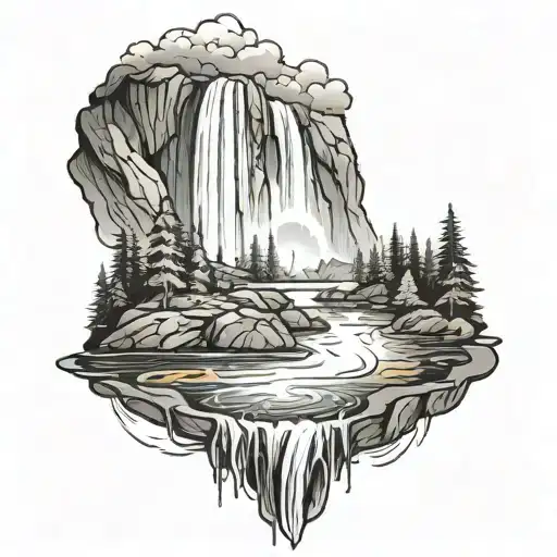 A River With A Campfire Beside It Waterfalls Down The Front tattoo design idea