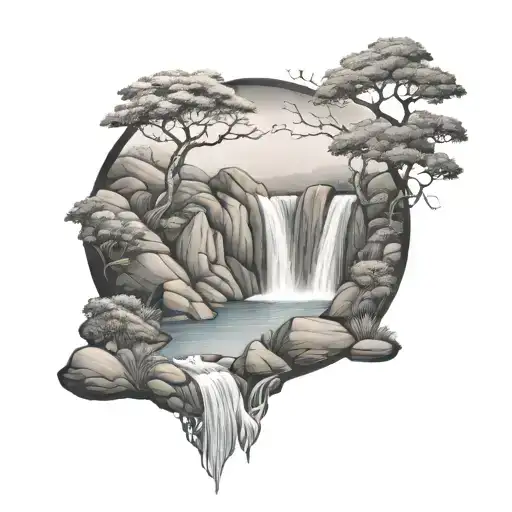 a river winds through small hills and flows past a bush and then waterfalls down out of the tattoo tattoo design idea