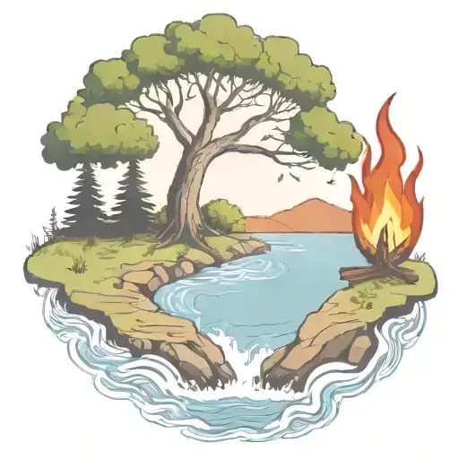 a rowan berry tree and a campfire beside a river waterfalling down the front tattoo design idea