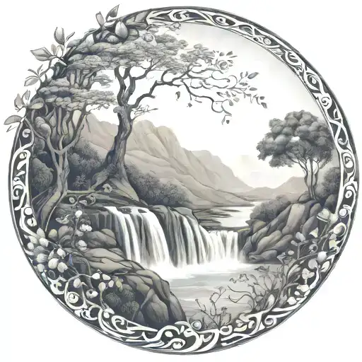 a winding river flows through low hills, past a berry bush and ends in a waterfall flowing through thr bottom tattoo design idea