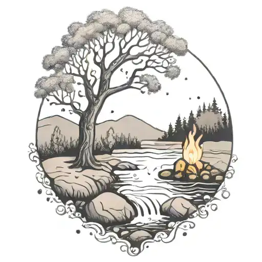 A River With A campfire and a berry tree Beside It Waterfalls Down The Front tattoo design idea