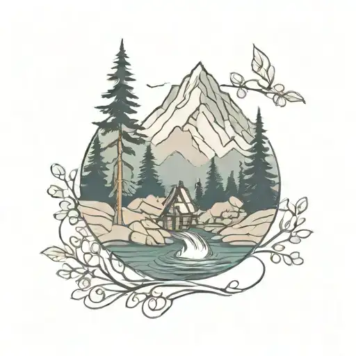 a campfire on the riverbank of a river winding through a low valley and ending in a waterfall by a mountain ash tree tattoo design idea