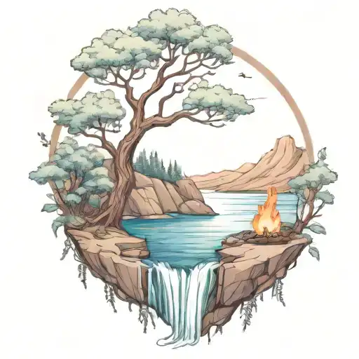 A River With A campfire and a rowan tree on either side of It Waterfalls Down The Front tattoo design idea