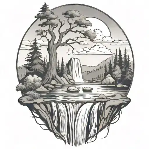A river with a campfire beside it waterfalls down the front tattoo design idea