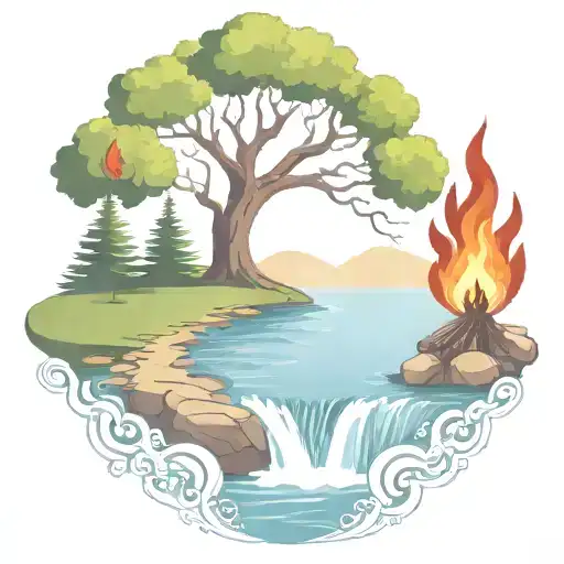 a rowan berry tree and a campfire beside a river waterfalling down the front tattoo design idea