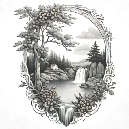 A river with a rowan berry bush beside it waterfalls down the front tattoo design idea