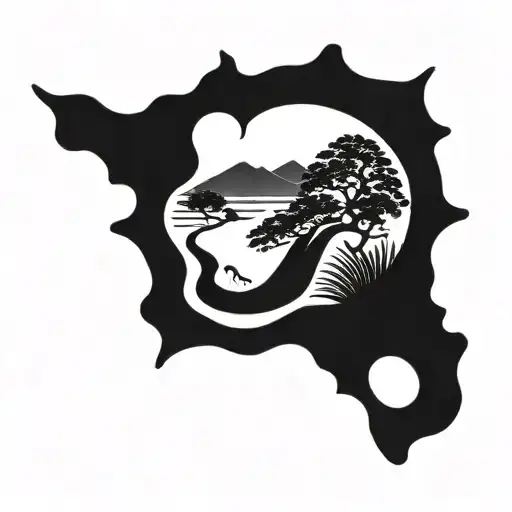 a river winds through small hills, past a bush and then flows down through the middle of the tattoo tattoo design idea