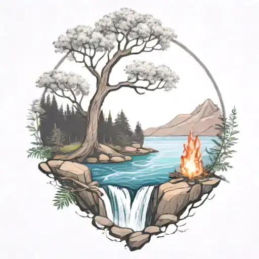 A River With A campfire and a rowan tree on either side of It Waterfalls Down The Front tattoo design idea
