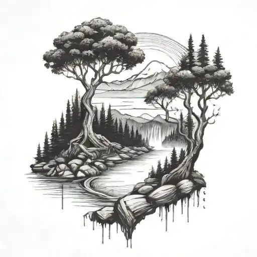 A river with a tree on one side and a campfire on the other, mountains in the background, culminates in a waterfall tattoo design idea