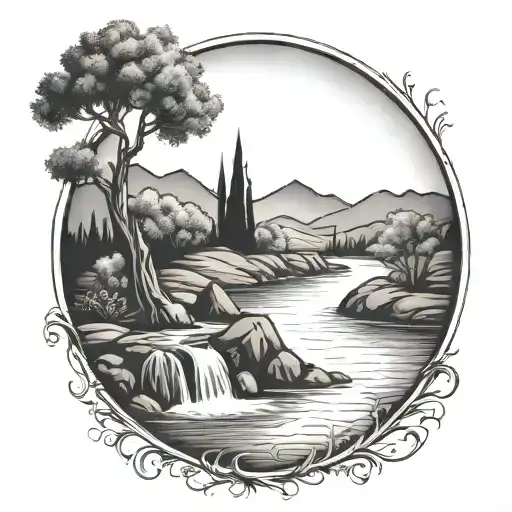 river flowing through the middle and waterfalling down the front with a campfire and a olive tree beside it tattoo design idea