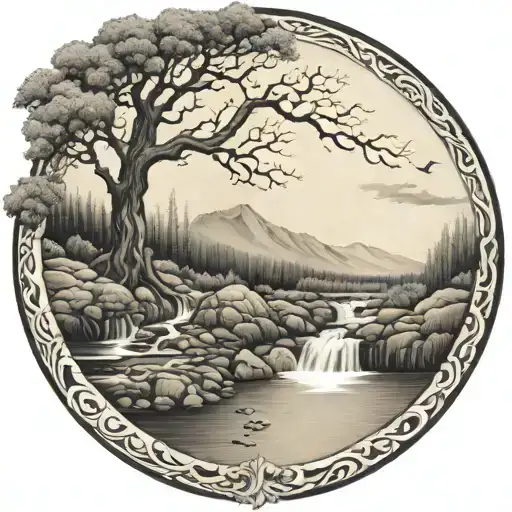 a winding river flows through low mountain knobs, past a berry bush and waterfalls down through the bottom tattoo design idea