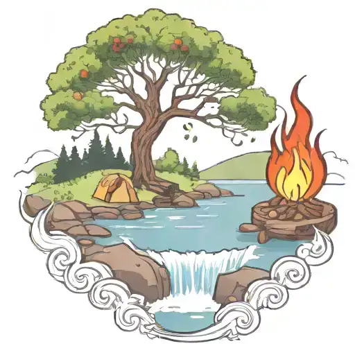 a rowan berry tree and a campfire beside a river waterfalling down the front tattoo design idea