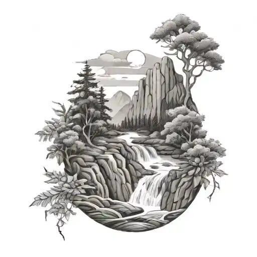 a river winding through low hills, past a berry bush and ending in a waterfall down through the middle bottom tattoo design idea