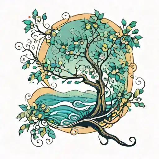 a winding river with a rowan tree beside it tattoo design idea