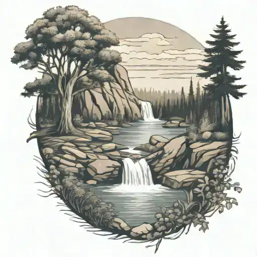 A River With A campfire and a berry bush Beside It Waterfalls Down The Front tattoo design idea