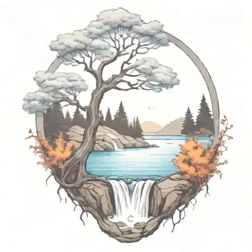A River With A campfire and a rowan tree on either side of It Waterfalls Down The Front tattoo design idea