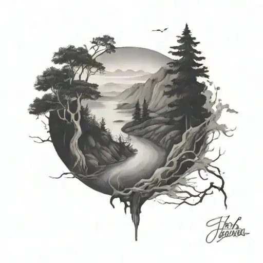a river winds through small hills, past a bush and then flows down through the middle of the tattoo tattoo design idea