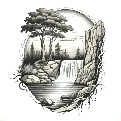 A river with waterfalls down the front. A campfire is beside the river. tattoo design idea