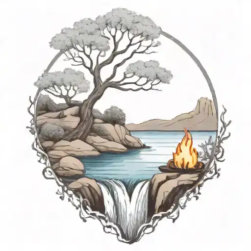 A River With A campfire and an olive tree on either side of It Waterfalls Down The Front tattoo design idea