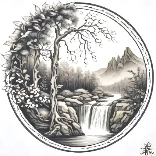 a winding river flows past a mountain ash berry tree and ends in a waterfall flowing through the bottom tattoo design idea