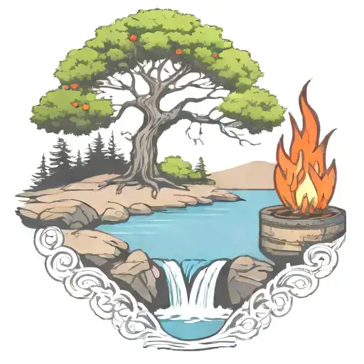 a rowan berry tree and a campfire beside a river waterfalling down the front tattoo design idea