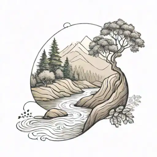 a river winding through small hills in a valley, past a rowan tree and ending in a waterfall down through the middle tattoo design idea