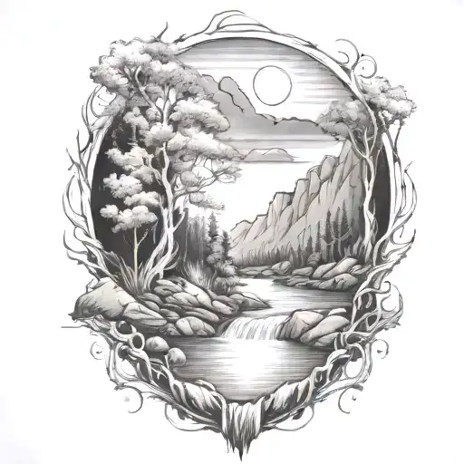 A river with a bush on one side and a campfire on the other waterfalls down the front tattoo design idea