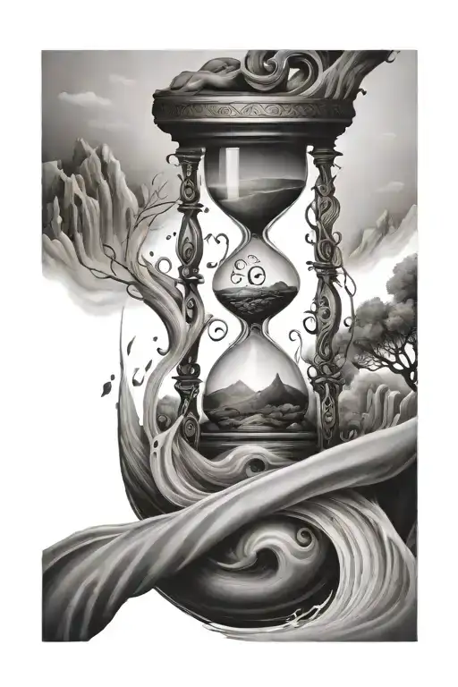 hourglass with a winding river in the top half of the hourglass that waterfalls into the bottom half of the hourglass tattoo design idea