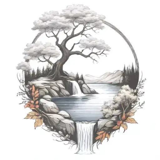 A River With A campfire and a rowan tree on either side of It Waterfalls Down The Front tattoo design idea