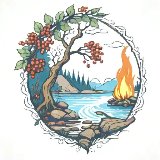 a rowan berry tree and a campfire beside a river waterfalling down the front tattoo design idea