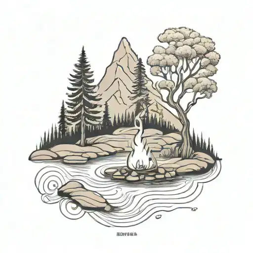 a campfire beside a winding river in a valley, flowing past a rowan tree and then down through the middle tattoo design idea