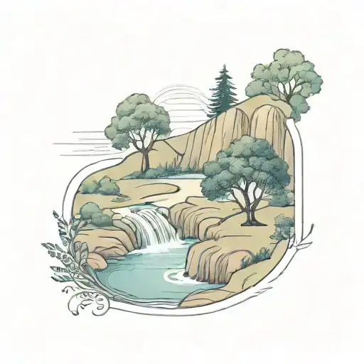 a river winding through a small valley, past a rowan tree and ending in a waterfall down through the middle tattoo design idea