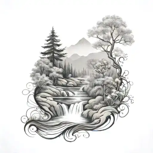 a river winding through low hills, past a berry bush and ending in a waterfall down through the middle bottom tattoo design idea
