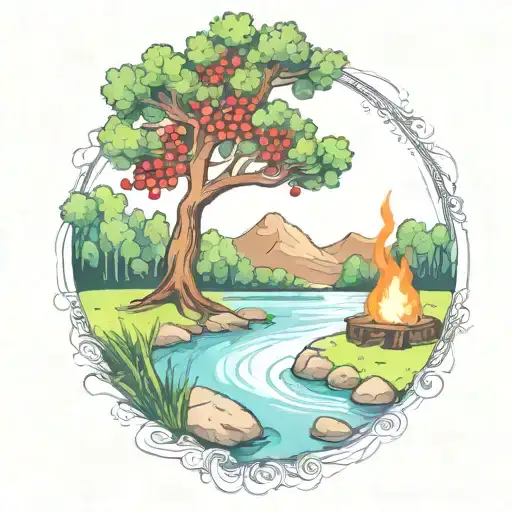 a rowan berry tree and a campfire beside a river waterfalling down the front tattoo design idea