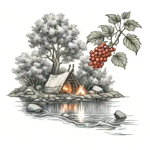 a rowan berry tree and a campfire beside a river waterfalling down the front tattoo design idea