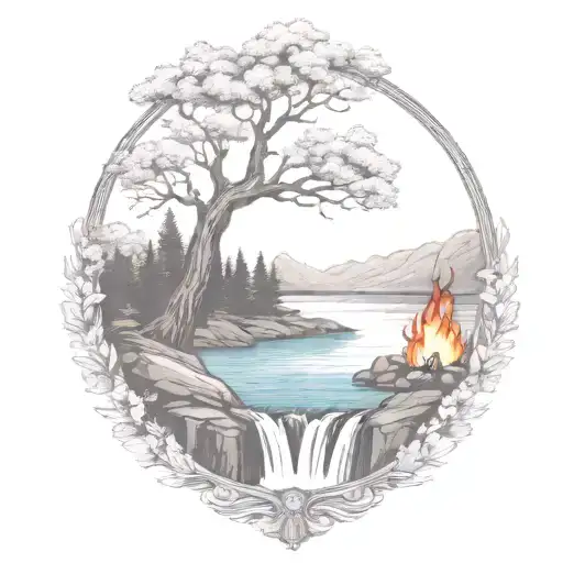 A River With A campfire and a rowan tree on either side of It Waterfalls Down The Front tattoo design idea