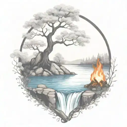 A River With A campfire and a rowan tree on either side of It Waterfalls Down The Front tattoo design idea