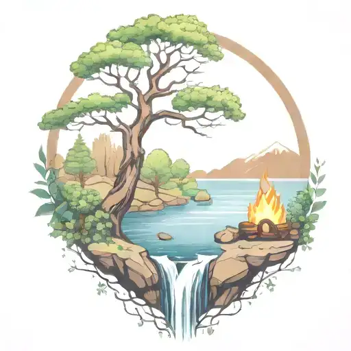 a rowan berry tree and a campfire beside a river waterfalling down the front tattoo design idea