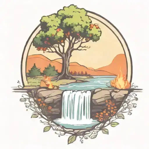 a rowan berry tree and a campfire beside a river waterfalling down the front tattoo design idea