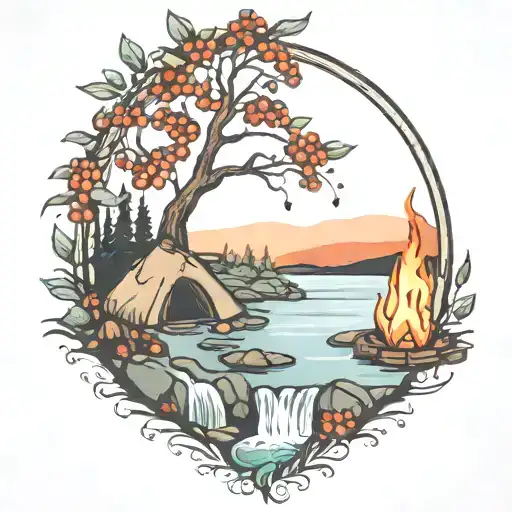 a rowan berry tree and a campfire beside a river waterfalling down the front tattoo design idea