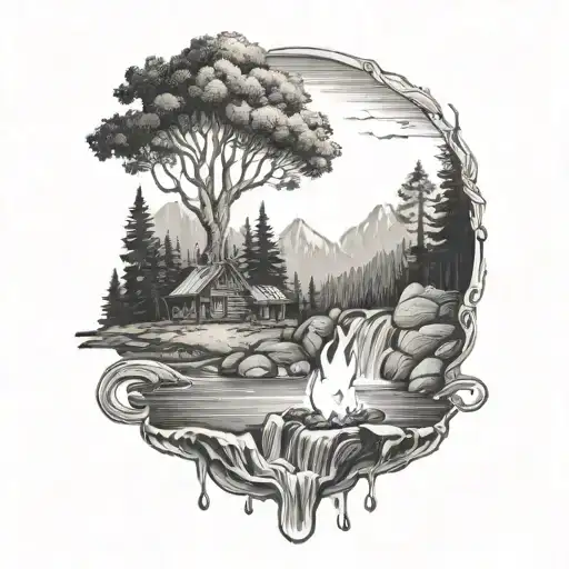 A River With A Campfire Beside It Waterfalls Down The Front tattoo design idea