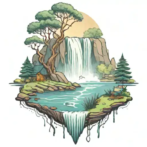 A River With A campfire and a berry bush Beside It Waterfalls Down The Front tattoo design idea