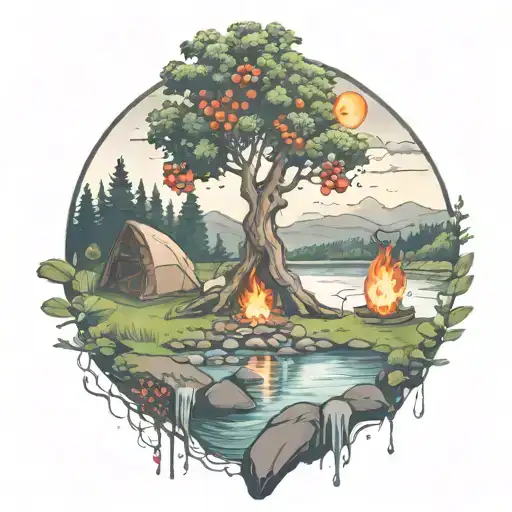 a rowan berry tree and a campfire beside a river waterfalling down the front tattoo design idea
